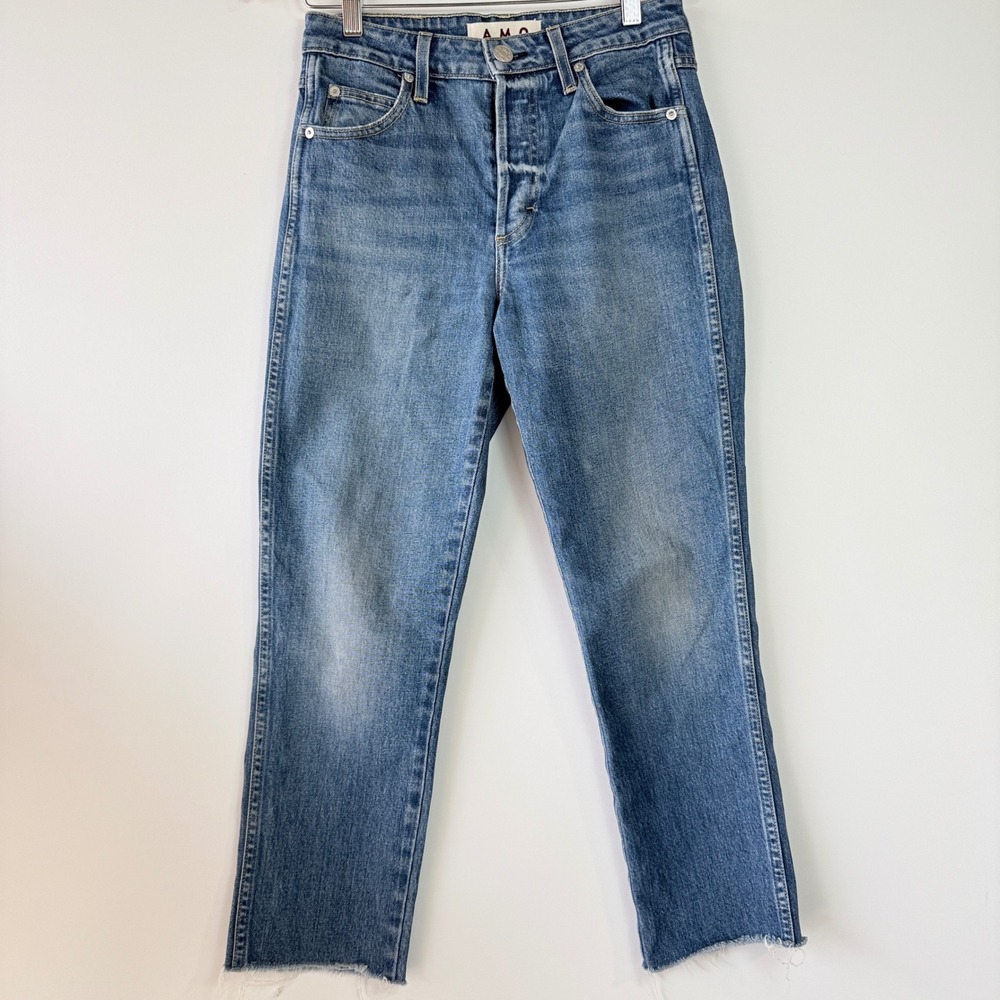 AMO Babe Straight Leg Jeans Womens 27 True Blue High Rise Raw Hem Denim